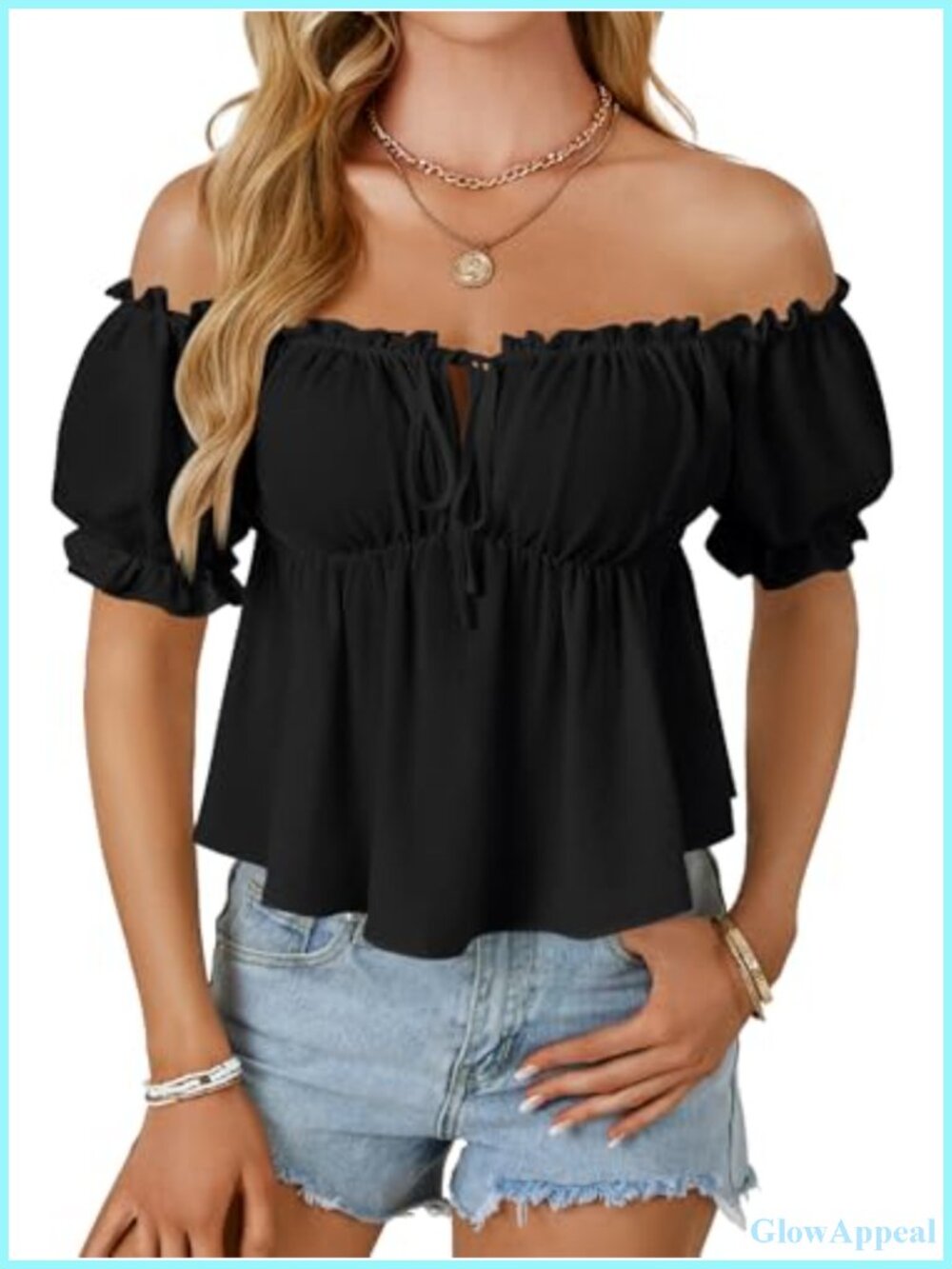 Off Shoulder Peplum Blouse Puff Sleeve Tie Front Ruffle Hem